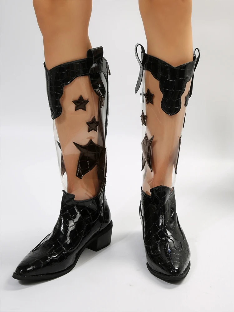 PVC Transparent Knee High Knight Boots Woman Chic Point Toe Star Patch Western Botas Ladies Luxury Brand Design Unicorn Shoes