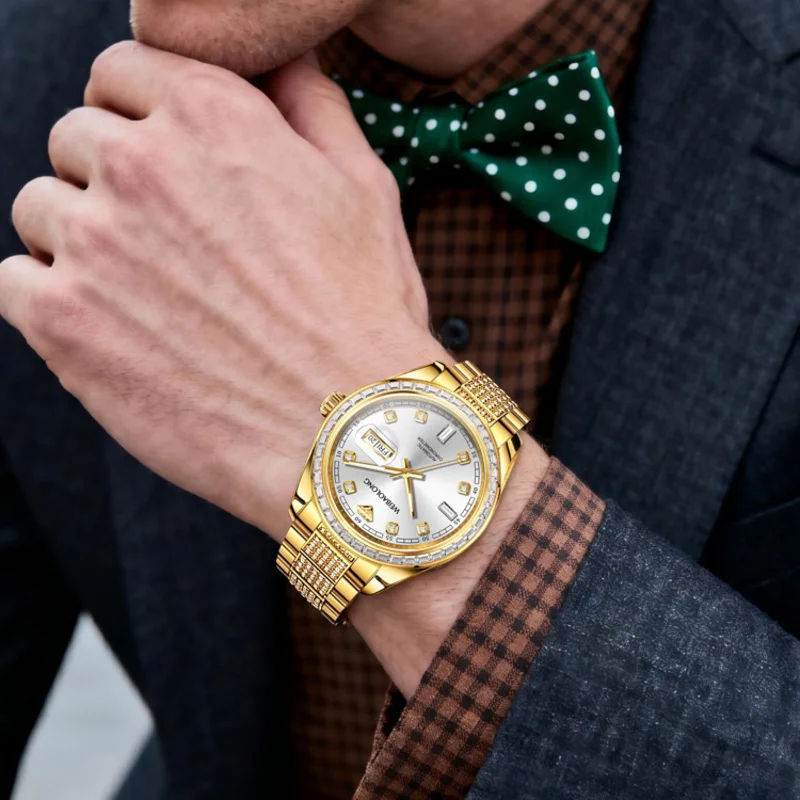 Automatic Mechanical Watch for Men WEIBAOLONG Day Date Gold Tone Stone Set Steel Bracelet Luminous Hands 50m Water Resistant