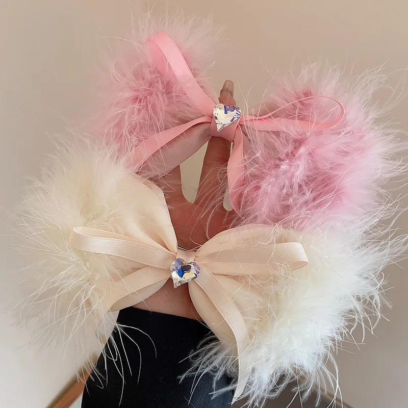 Dance Party Woman Ribbon Feather Fairy Hair Accessories Spring Clips Girls Princess Pink Feather Heart-shape Hairpins Barrettes