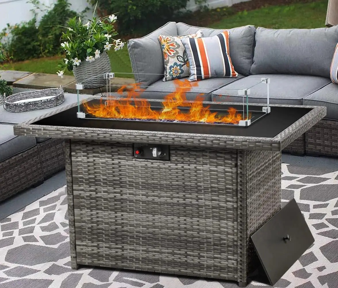 

LayinSun 44" Propane Gas Fire Pit Table, 55000 BTU Rectangular Fire Pit with Glass Wind Guard for Outside Patio Deck Garden