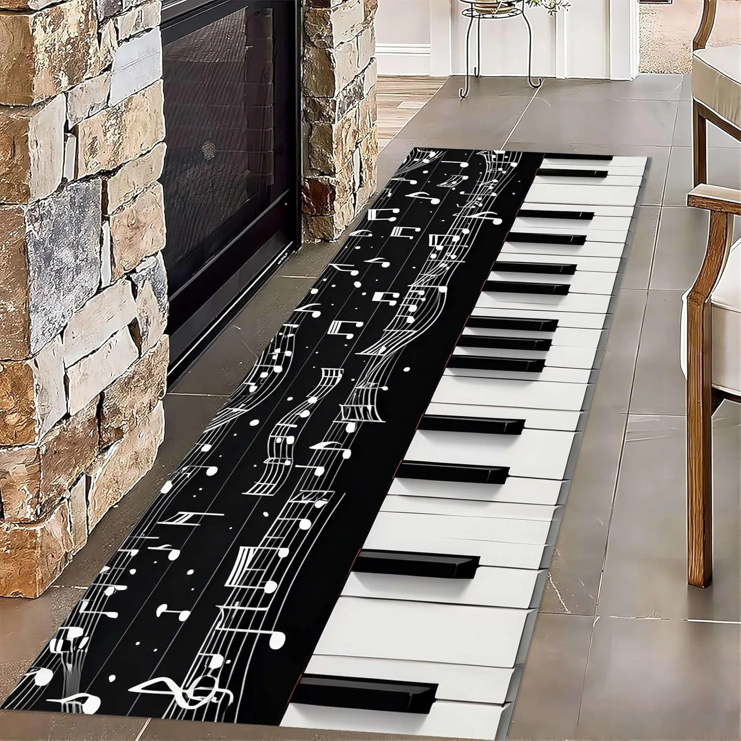 Piano Runner Hallway Rug, Black and White Piano Keyboard Notes Notebook Indoor Rug Non-Slip Washable Carpet, Dining Room Carpets