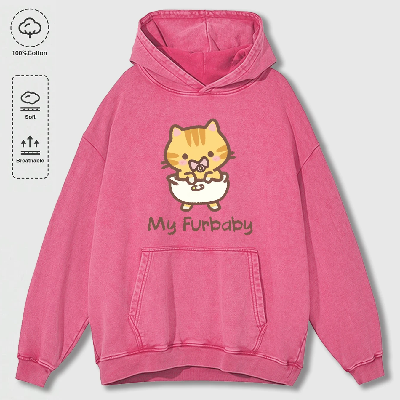 

My Furbaby Cute Cat Men Retro Washed Hoodie All-Match Fashion Clothing Autumn Cotton Hoodies Unisex Simple Loose Sportswear