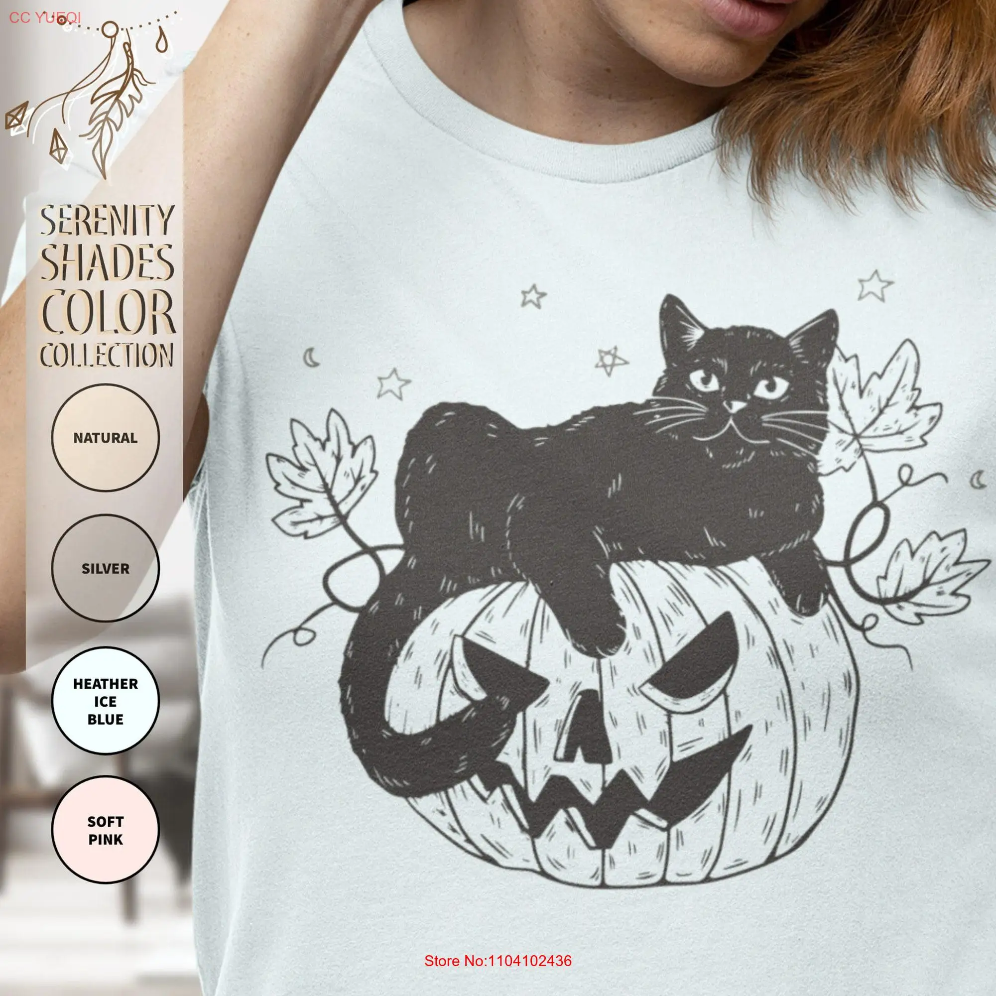 Boho Halloween Cat Pumpkin T Shirt Whimsical costume shirts inspired tops Enchanting apparel long or short sleeves