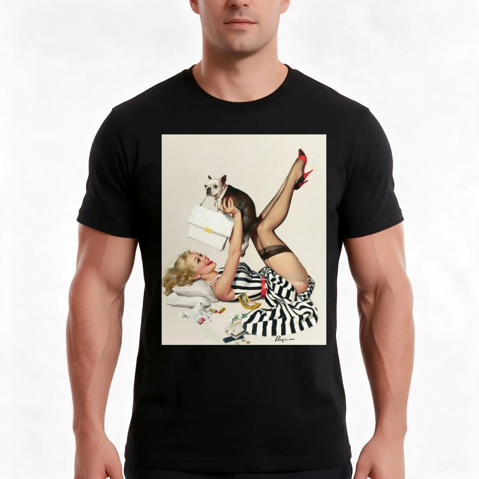 Vintage Naughty Puppy Love Gil Elvgren Pin Up Girl T-Shirt, Summer Casual Cotton Tee, Oversized Streetwear Tops, 100% Cotton
