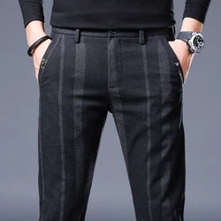 2022 Mens Spring Autumn Winter Casual Sanded Pants Men High Quality Striped Elastic Slim Straight Cotton Blue Black Trousers