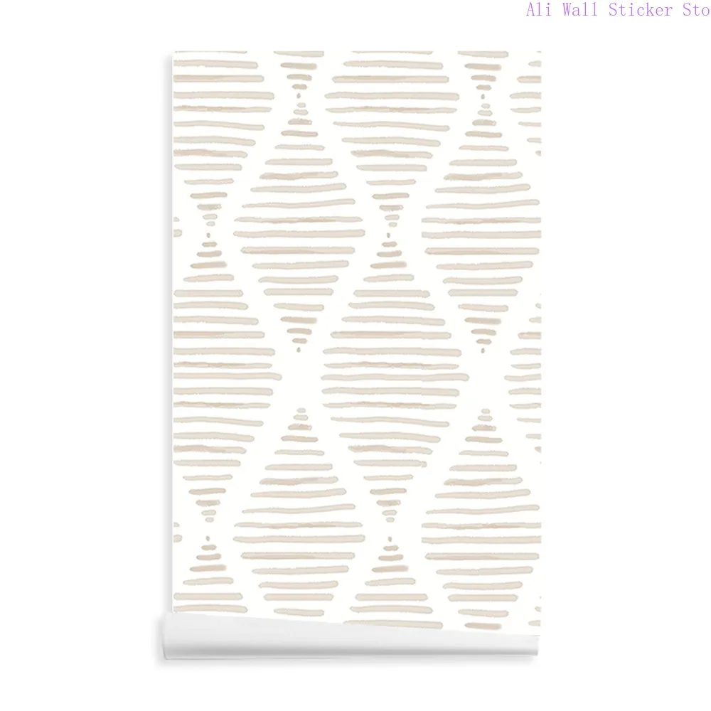 

Modern Rhombus Stripes Geometric Pattern Wallpaper Beige and White Contact Paper Self Adhesive Removable Vinyl Sticker Roll