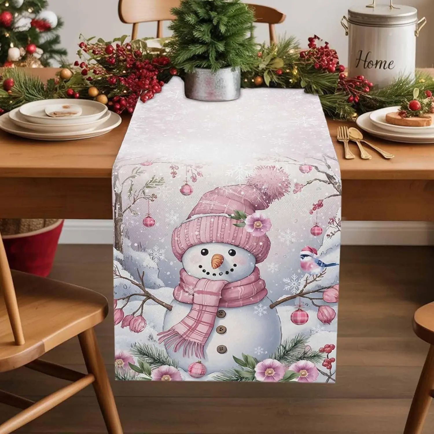 

Christmas Snowman Flowers Linen Table Runner Party Decor Winter Xmas Balls Kitchen Dining Table Runners Christmas Decorations