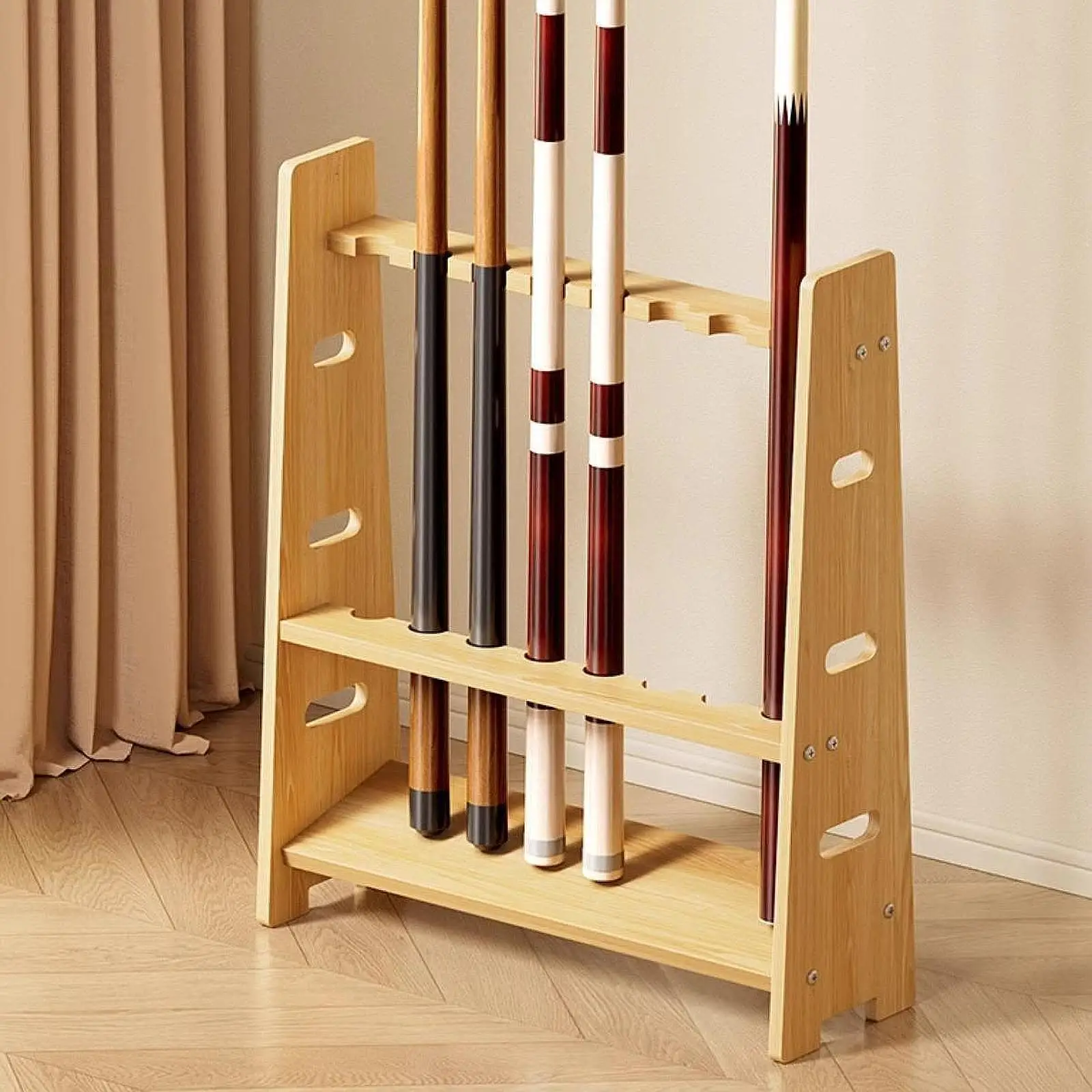 

Multifunctional Pool Stick Holder Solid Wood Double Layer Billiard Cue Organizer Stand for Game Clubs