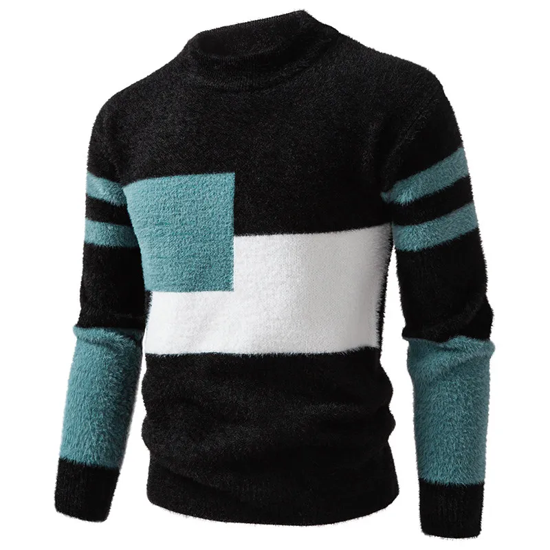 

Vm f High Ne Long Sve Men's Knitwear Autumn Winter Plaid Base Layer irt Trendy Soft Contrast Color Fit fo...