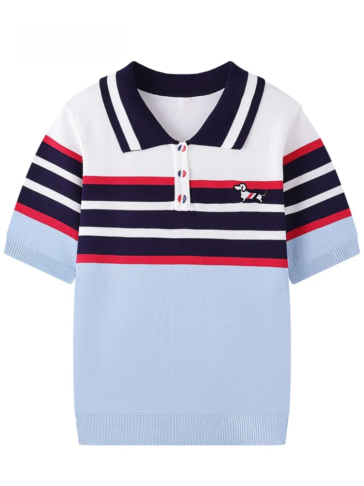 

JZZDEMM Summer Thin ort Sve Ne Knitted Top Embroidered Contrast Stripe Design Regular Fit Vintage Sle Women's S...