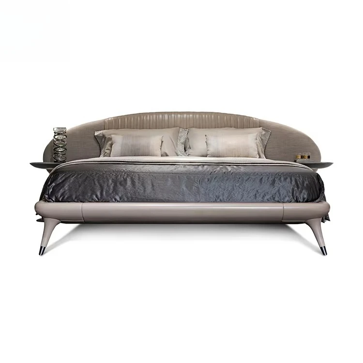 yp-Modern Luxury Furniture Wholesale Wooden Platform Bed with Ottoman Models king Size Light Grey Wooden Frame Fabric Bed-
