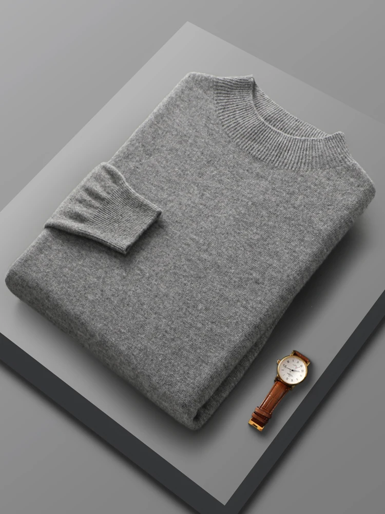 Spring Autumn 100% Merino Wool Pullover Sweater Cashmere Knitwear Men Mock-Neck Long-sleeve Basic Clothing Grace Tops