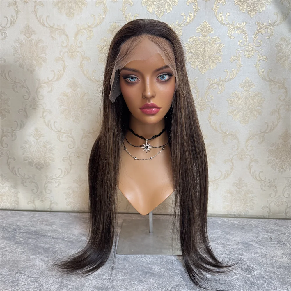 

26"Long Brunette 13x4 Brown Highlights Real Human Hair Wig Straight Lace Front Wig Brazilian Virgin Hair Wig In Stock Fast Ship