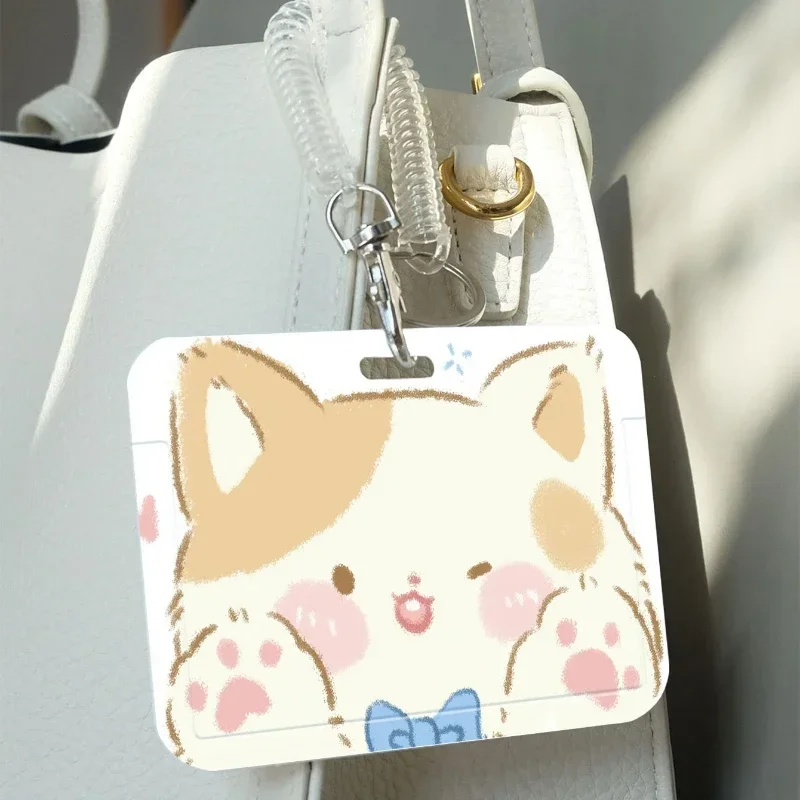 Cute Little Cat Cabeça Titular do cartão com mola Corda, Estudantes Meal Card, Bus ID Credit, Storage Case Keychain, Photo Sleeves, Ect