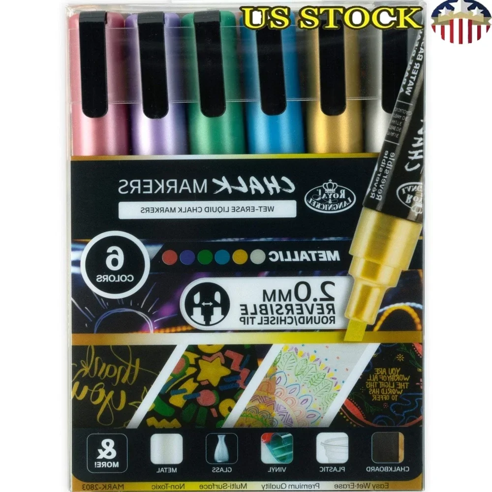 

6 Piece Metallic Chalk Marker Set Non-Toxic Easy Clean Multi-Surface Liquid Chalk Markers Reversible Tip Artists Crafters
