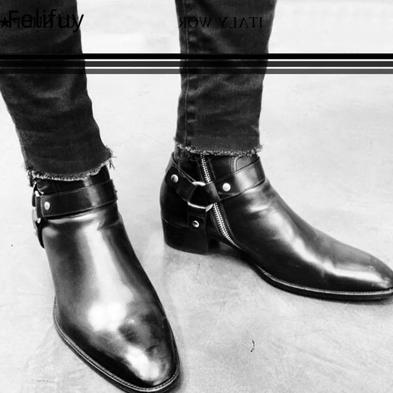 Buckle Low Heel Men's Genuine Leather Chelsea Boots Business Dress Boots Casual Walking Ankle Booties For Wedding Work Outdoor