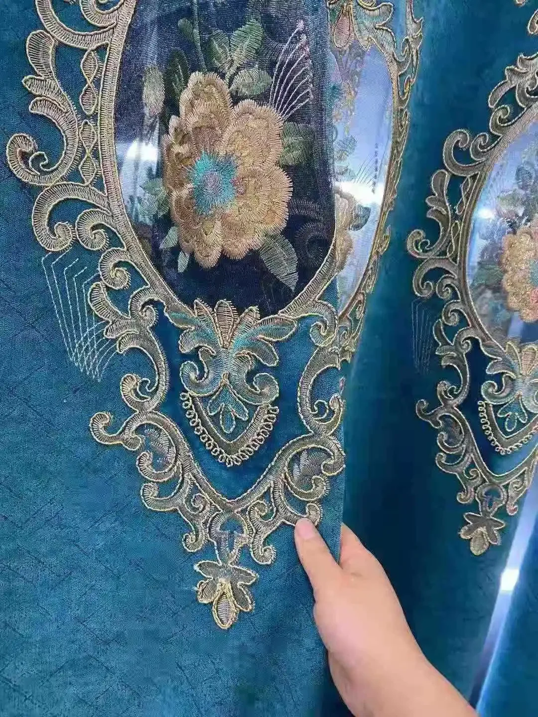 Luxury Embroidery Retro Curtains for Bedroom Living Room Villa Palace Blue Door Window Drapes Water Soluble Blackout