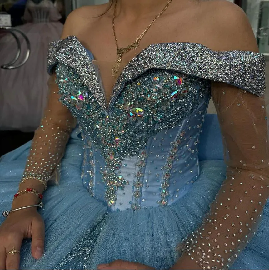 Hemelsblauw Sprankelend Kristal Prinses Quinceanera Jurken Luxe Kristal Off Shoulder Corset Vestidos De 15 Años Quinceañeras 2024