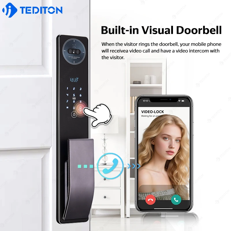 Tediton Video Digital Fingerprint Face Palm Vein Smart Door Lock with Tuya Wifi Inteligente Biometric Smart Lock for Wood Door