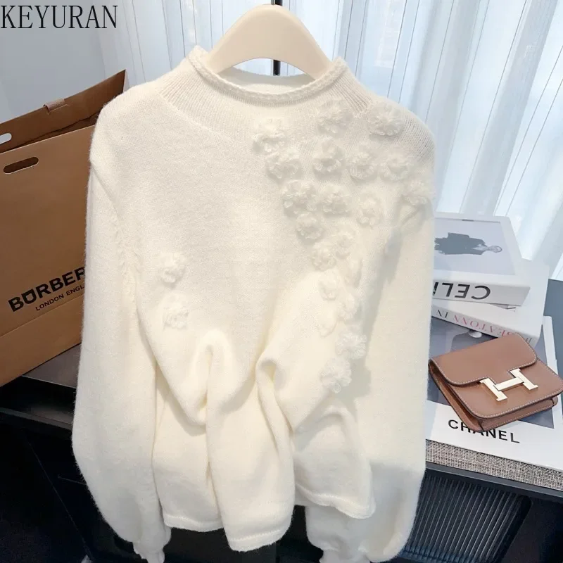 

Корейский вязаный пуловер с объемным цветком, женский осенне-зимний винтажный модный свободный универсальный трикотаж с длинными рукавами, топы, джемпер