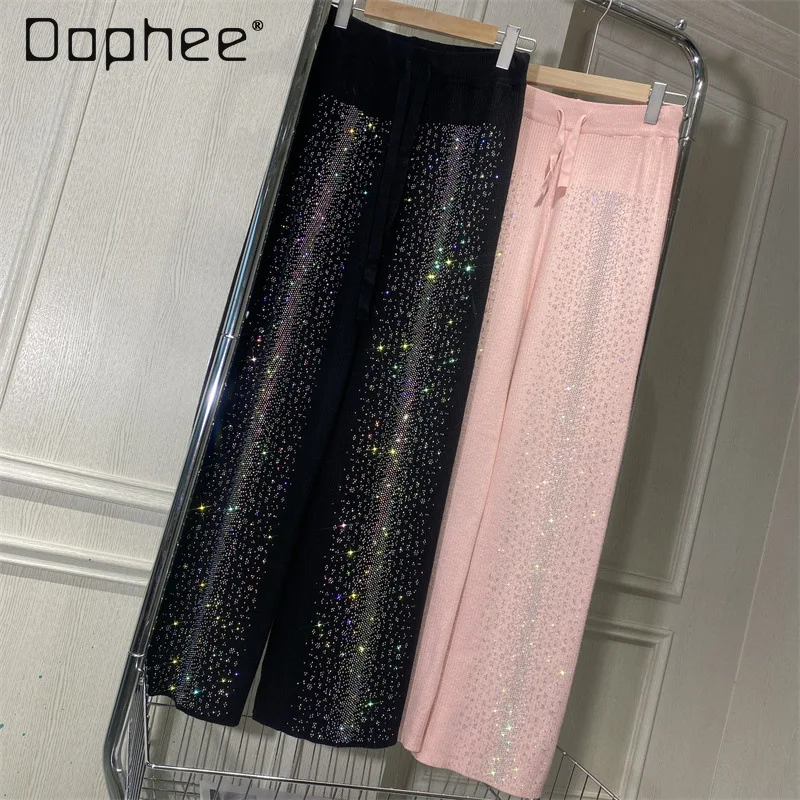 

Брюки большого размера, женские брюки с широкими штанинами, уличная одежда, Новинка осени 2024, свободные блестящие трикотажные стройнящие брюки с высокой талией