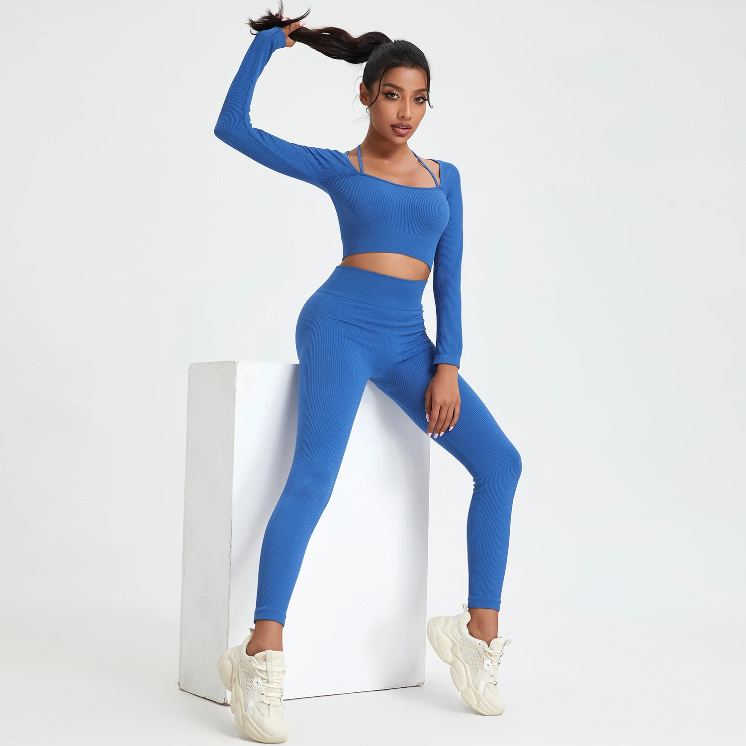 SALSPOR dwa kawałki strój sportowy dla kobiety U Neck wąskie topy joga Stripe Fitness legginsy z wysokim stanem trening odzież damska