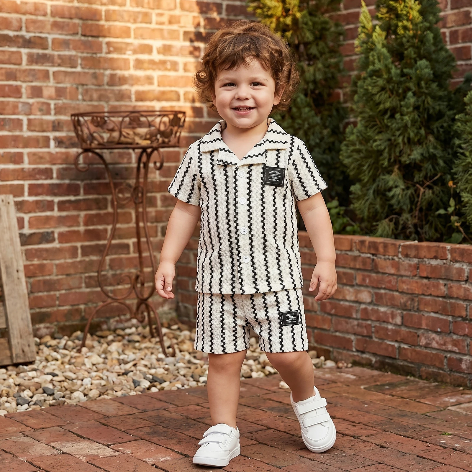 Fashion Summer Baby Boys Texture Striped Outfits Short Sleeve Lapel Button Up Shirt Knit Shorts Baby's Sets