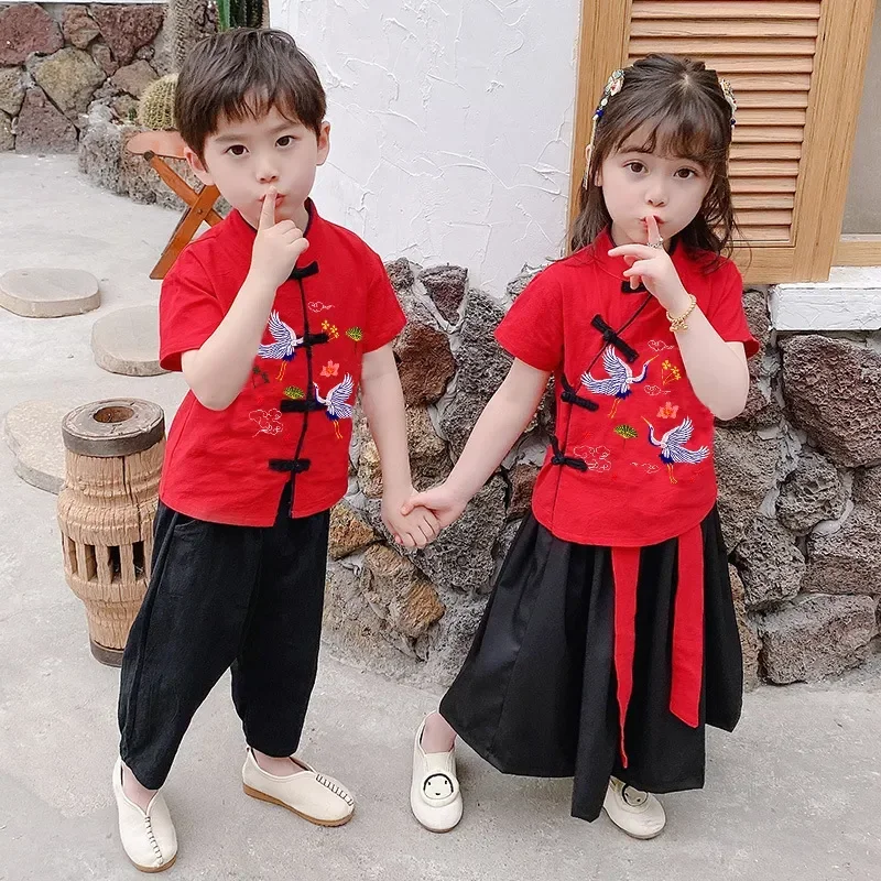 2Pcs Traditional Chinese New Year Costumes Clothes for Kids Spring Festival Tang Suit Girl Boy Sets Short Sleeve Top Pants Skirt