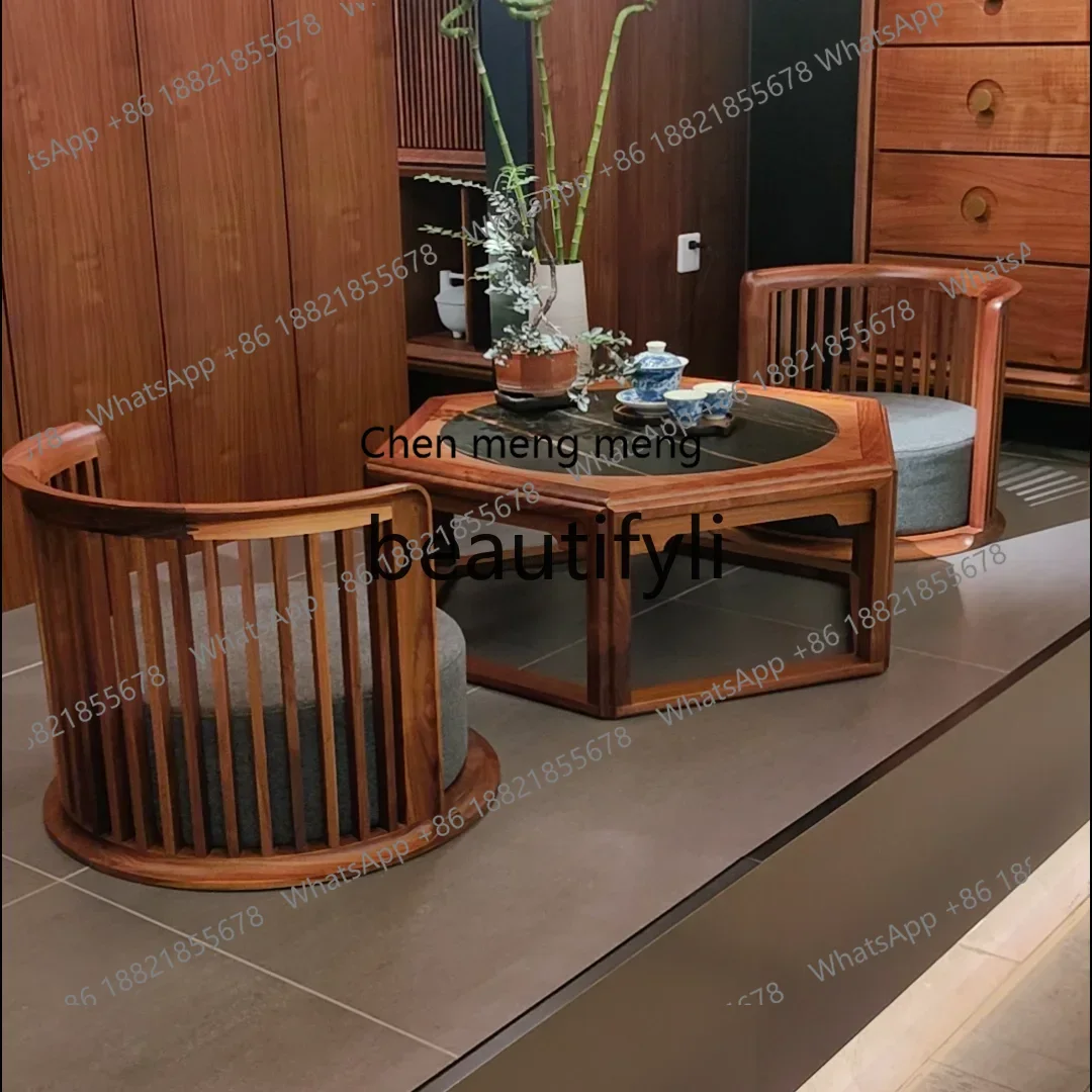 zqxNew Chinese ebony movable balcony tea table chair small tea table leisure chair three-piece set