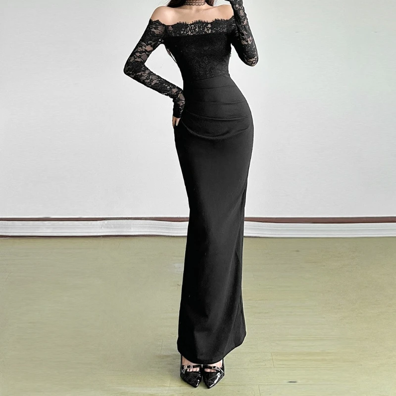 Renda preta fora do ombro vestido de manga longa feminino primavera outono nova emenda saia longa bodycon cintura cinch sexy festa de aniversário