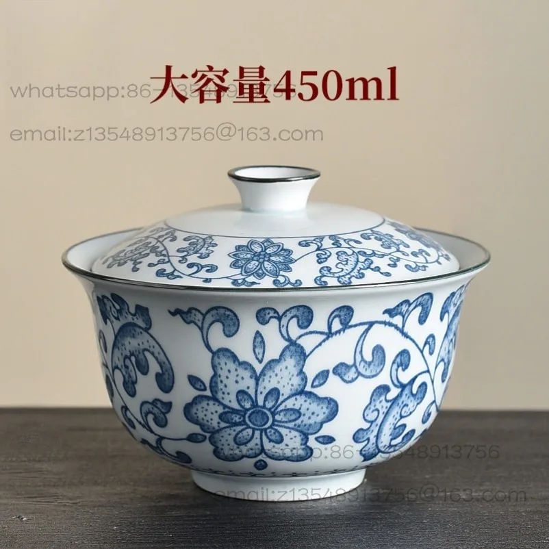 Super Large 450ml Cover Bowl Blue and White Porcelain Ercai Bowl Large Capacity Ceramic Brewing Bowl Tea Chinese Retro