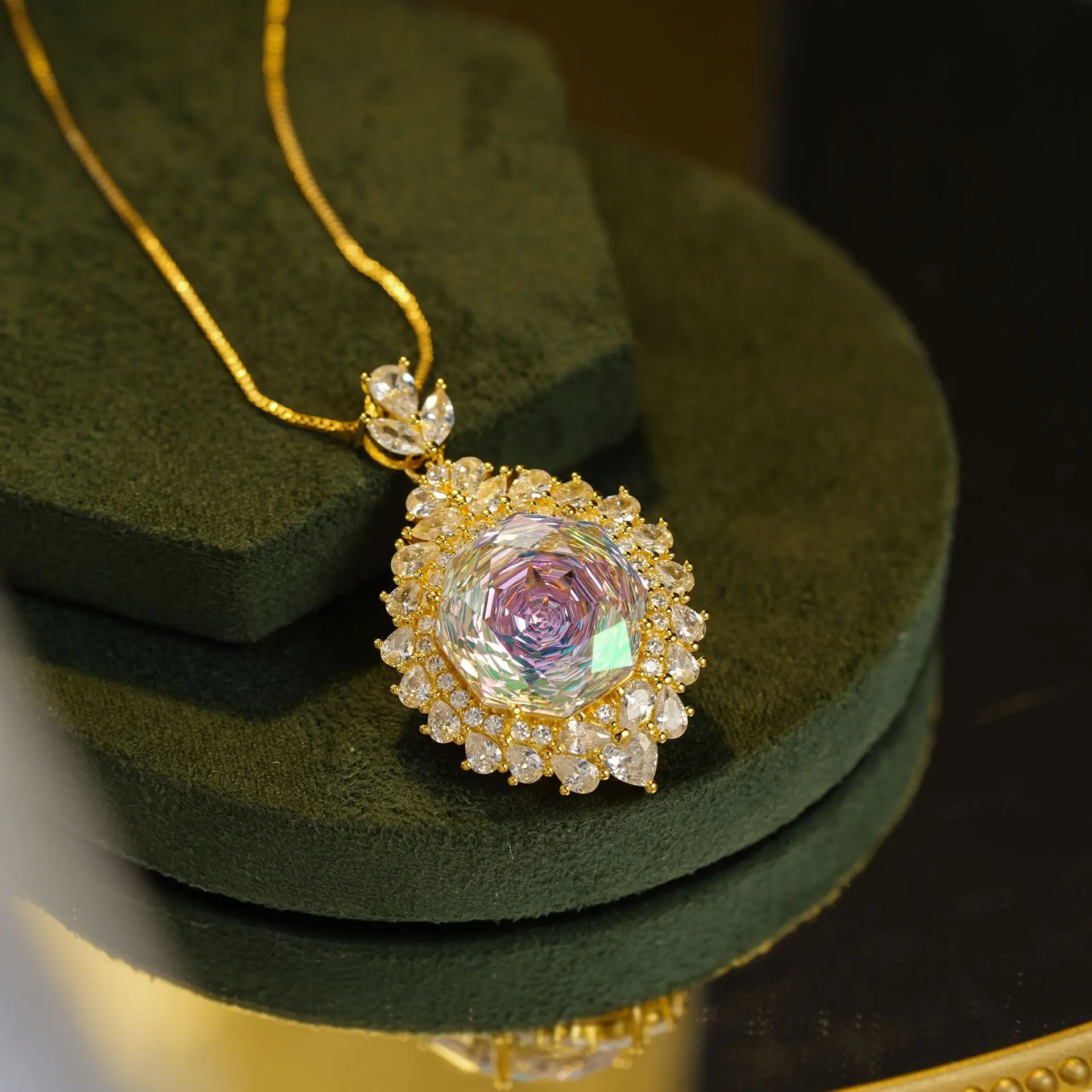 Vintage Luxury Octagonal Millennium Rose Cut 18mm Center Stone High Carbon Diamond Halo Polished Gold Plated Pendant Necklace