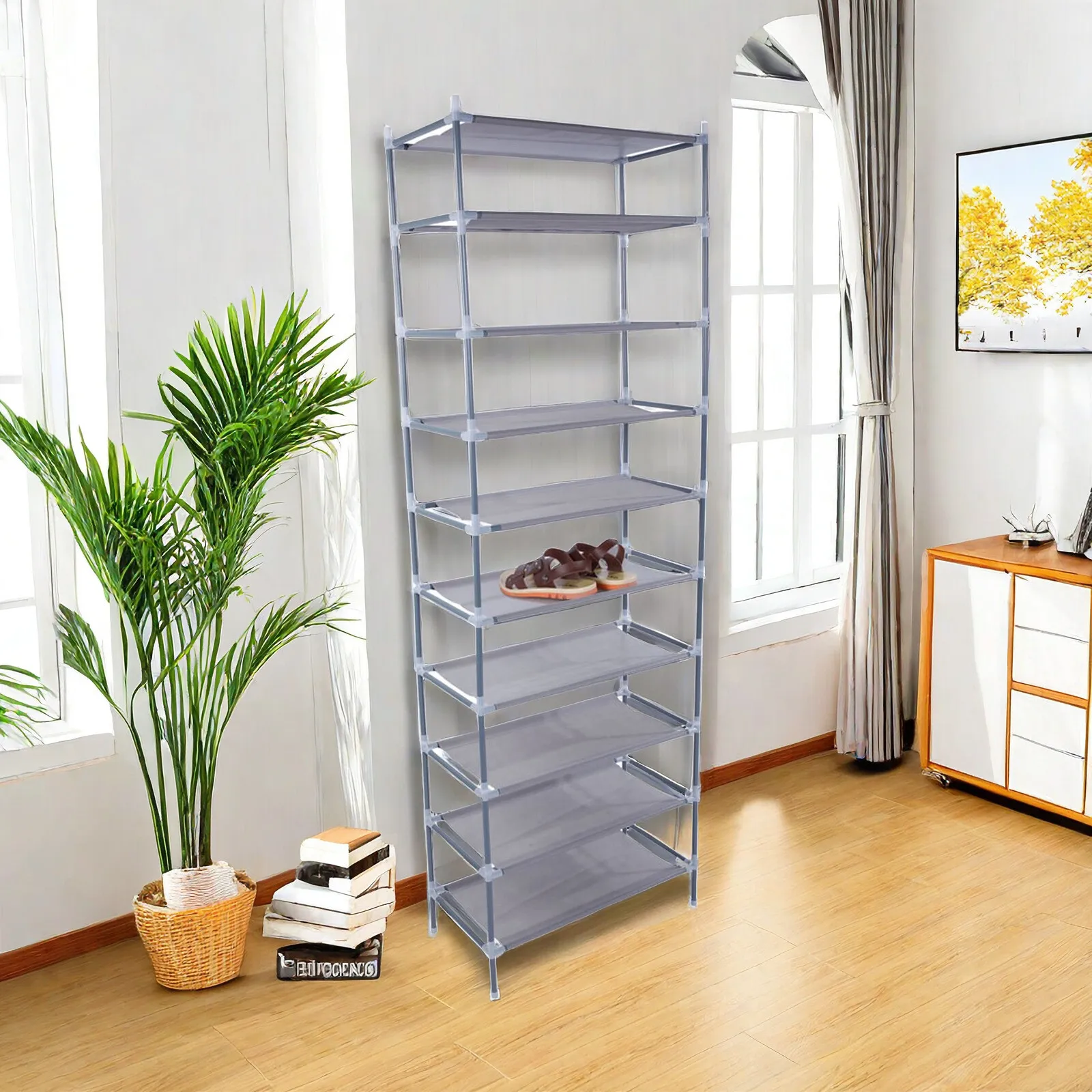 

10-Tier Shoe Rack - Metal & Plastic, Non-Woven Shelves, Space-Saving & Gray
