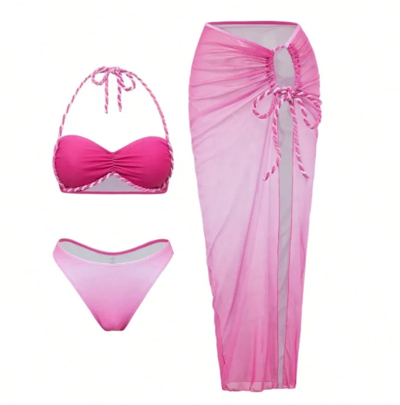 

sexy rose red gradient braid bikinis sets three pieces with mesh long split skirts swimsuits bathing suit beach outfits biquini