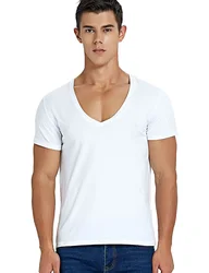 Deep V Neck T Shirt for Men Low Cut Scoop Neck Top Tees Drop Tail Short Sleeve Male Cotton Casual Style