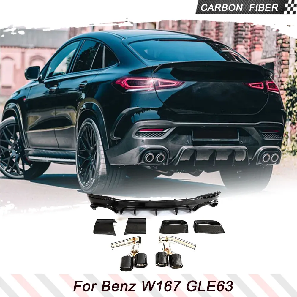 For Mercedes Benz GLE Class W167 C167 GLE63 AMG Carbon Fiber Rear Bumper Diffuser Lip With Exhaust Tips Tailpipe