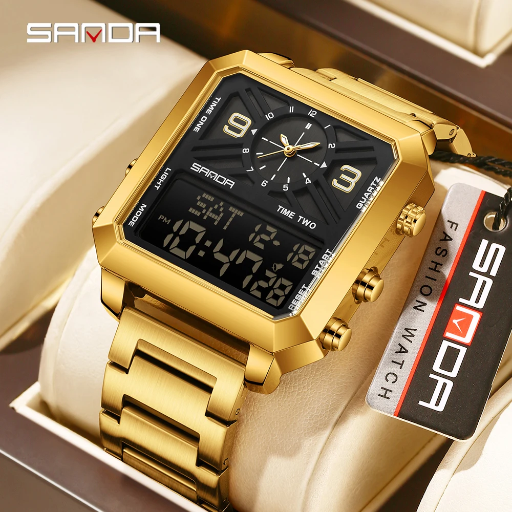 

SANDA 6265 Электронные часы с двойным дисплеем, мужские часы с двойным чипом, 5 атм, водонепроницаемый ночник, будильник, студенческие спортивные часы