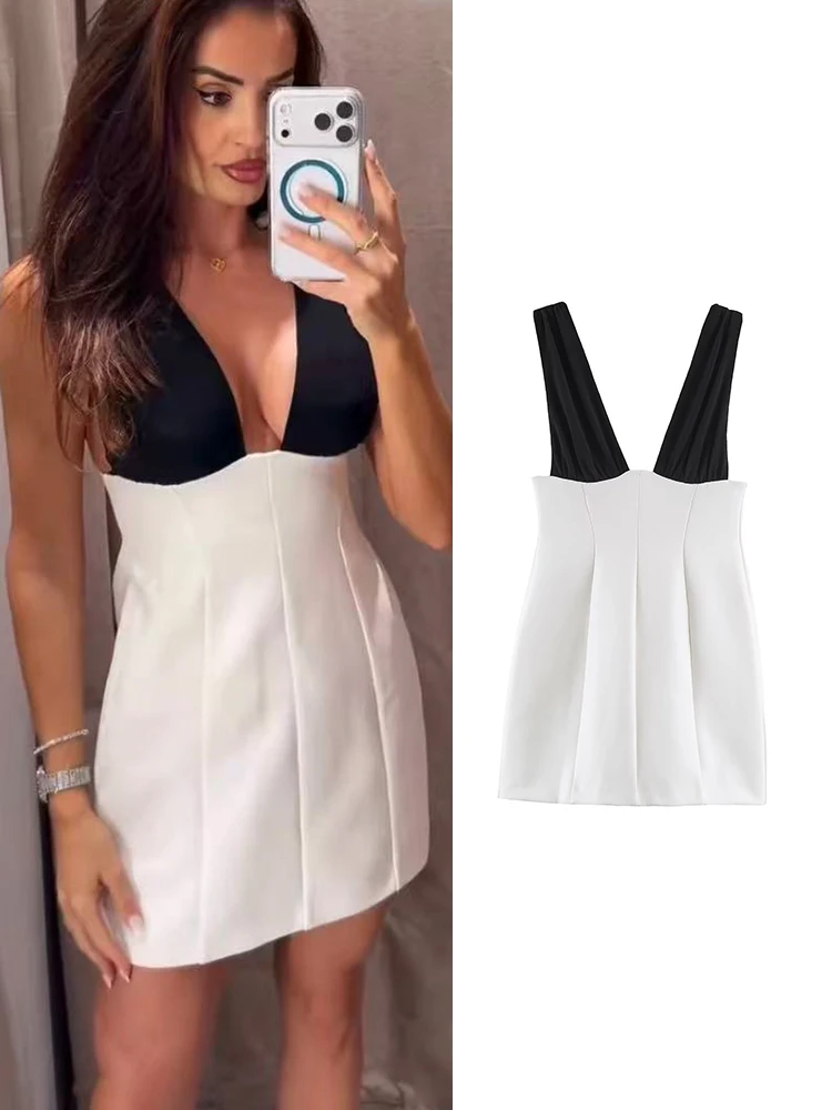 TFMLN Sexy Backless Mini Dress For Women Elegant Party Prom Streetwear Black White Contrast Color Fashion Deep V Neck Dress