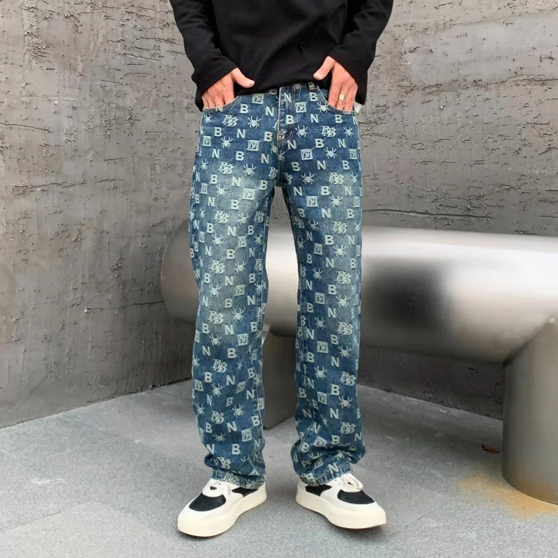 

19069 American fashion brand straight retro blue men's jeans personalized jacquard fashionable casual washing pants