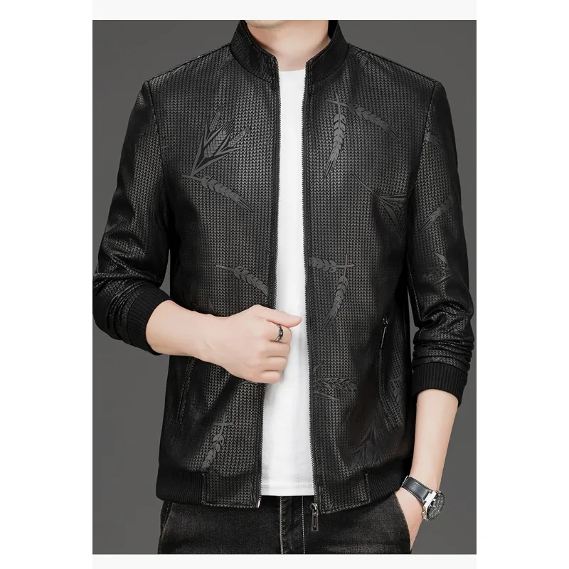 Spring and Autumn Fashion Simple Stylish Men's Leather Clothes Casual Round Neck Printed Jacket Versatile Jacket