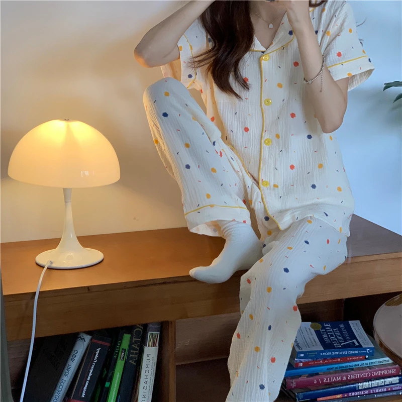 Summer Short-sleeved Lapel Cardigan 2-piece Pajama Set Night Sleep Home comfort Wear Nightie for Women Low Price