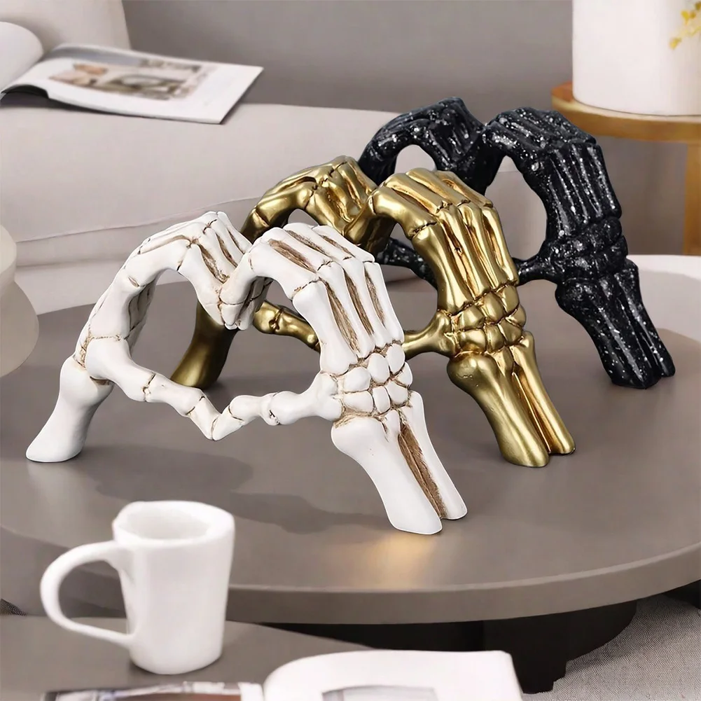 1pc Harz Abstrakte Skelett Statue Tragen Widerstehen Herz Gesten Schädel Ornamente Herz Form Finger Geste Figur für Wohnkultur