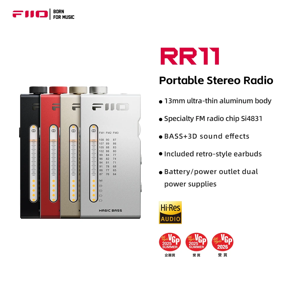 Récepteur radio stéréo FM HiFi portable FiiO RR11 avec réglage PVR analogique, effets sonores basse + 3D, 64 MHz-108 MHz