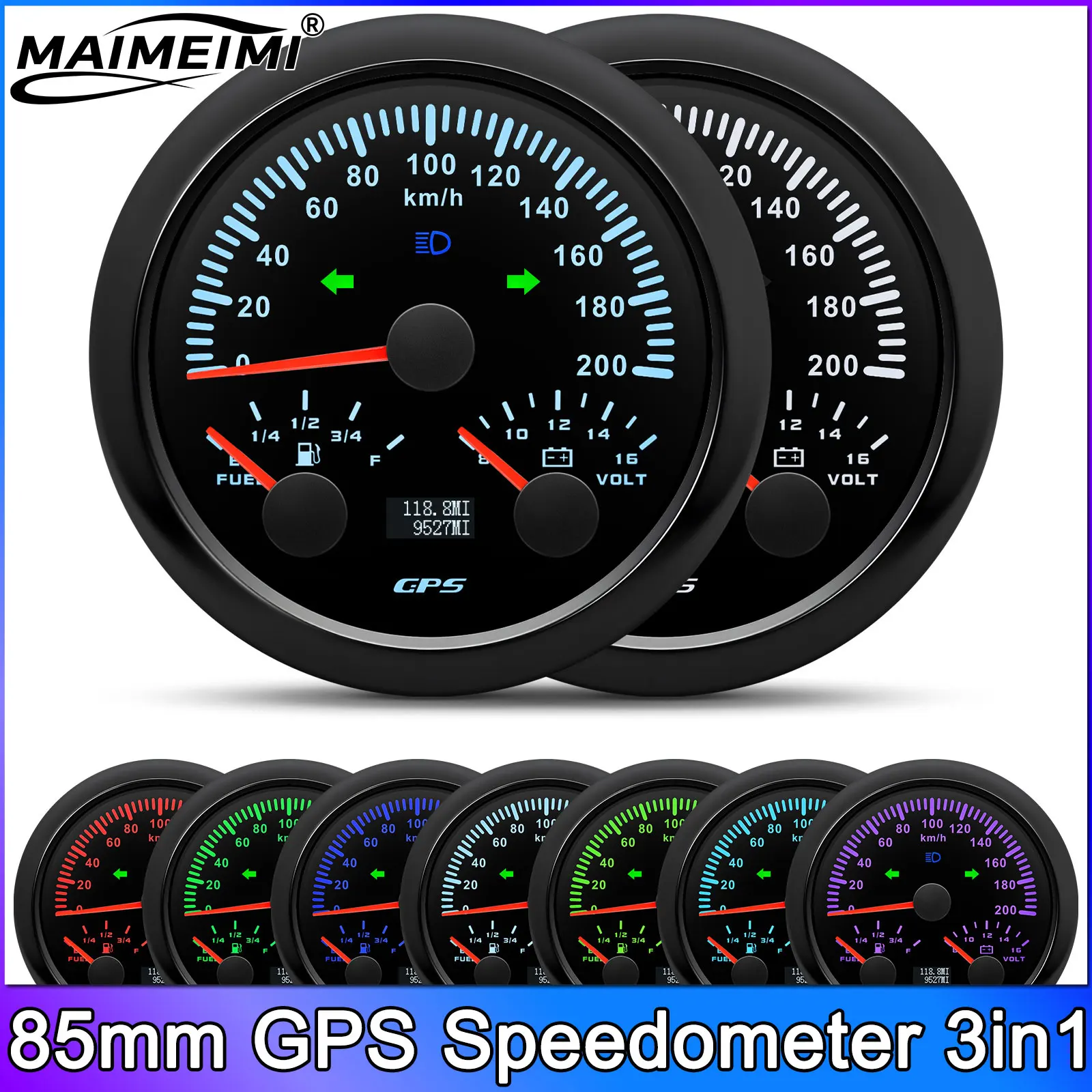 

GPS-спидометр 85 мм, 200 км/ч, 3-в-1: указатель уровня топлива + вольтметр для морских судов и автомобилей, с GPS-антенной и 7-цветной подсветкой