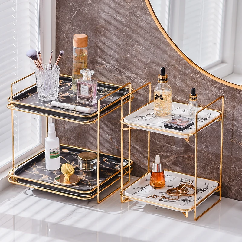 Nordic Metal Frame Ceramic Marble Surface Storage Rack Toilet Bathroom Toiletries Dressing Table Cosmetics Decoration