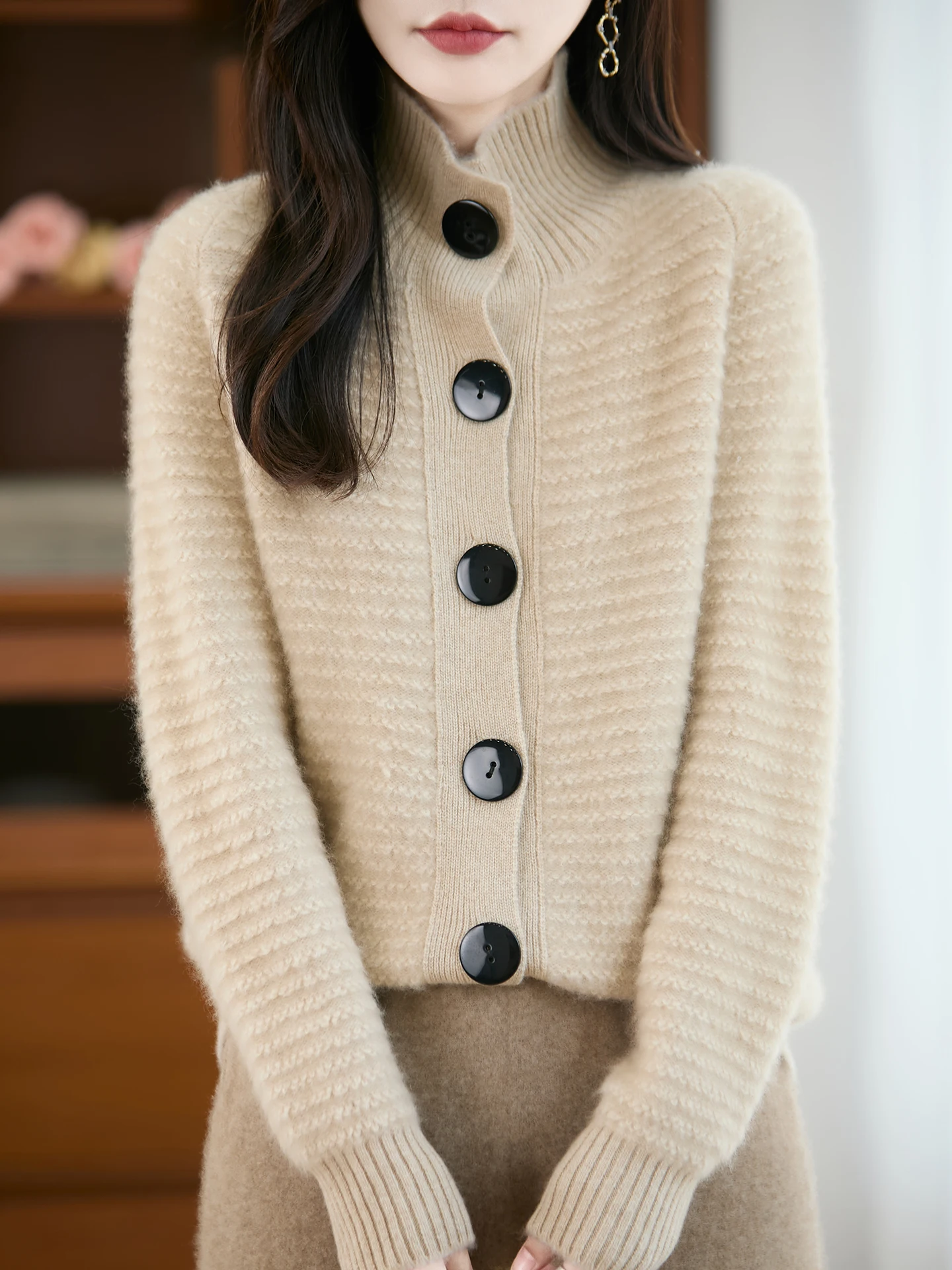 

New Women 100% Merino Wool Cardigan Mock Neck Knit Thick Solid Color Autumn Winter Single-breasted Clothing Skin Friendly Top