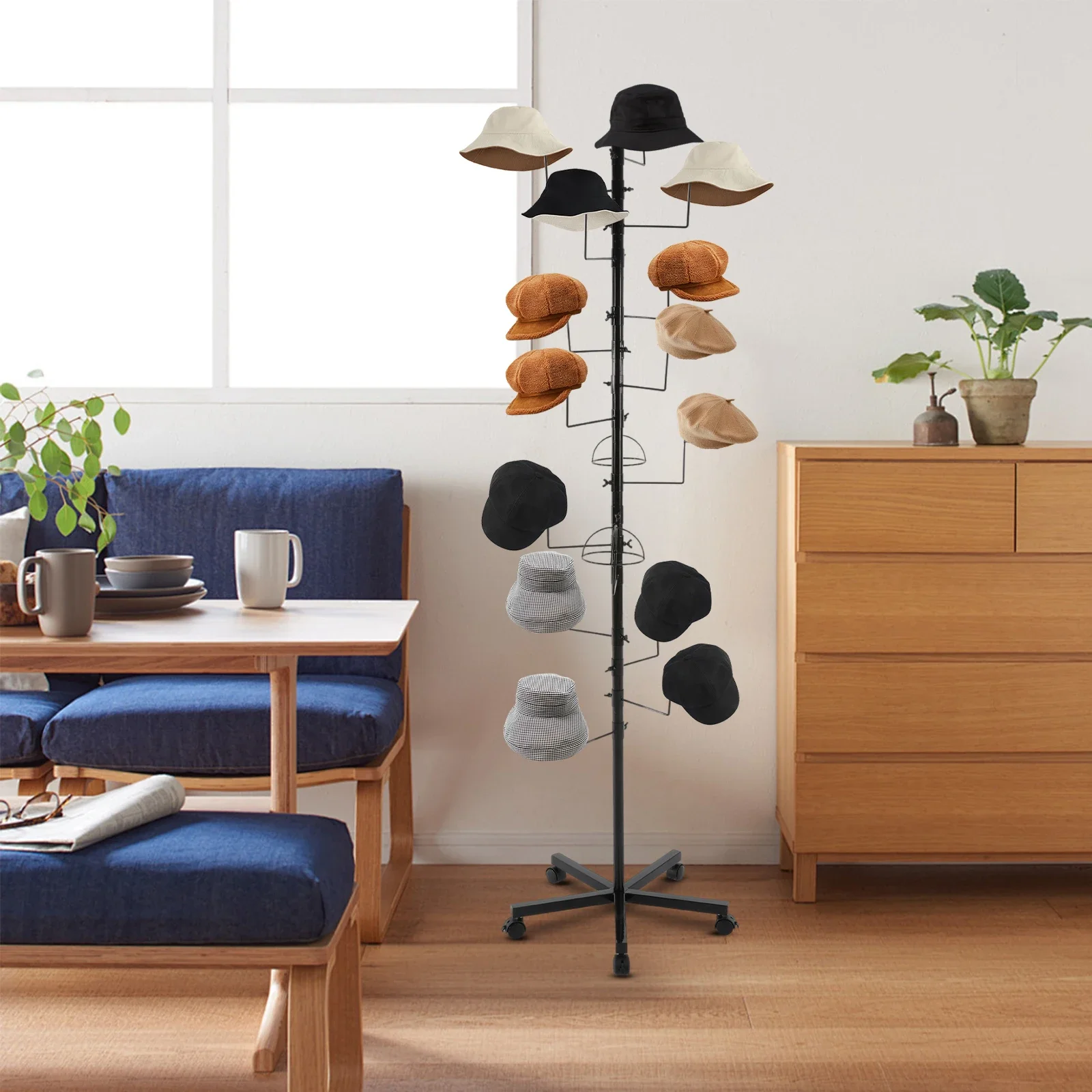 

Modern Hat Rack with 16 Hooks & Lockable Wheels(30lbs Capacity), Black Iron Hat Display Stand for Retail Store, Boutique & Home