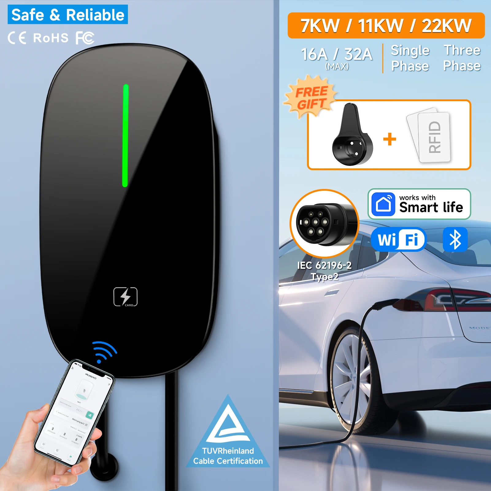 

7/11/22KW EV Charging Station Type2 IEC 62196-2 Electric Car Charger 32A EVSE Wallbox Wallmount Charger WiFi APP Remote Control
