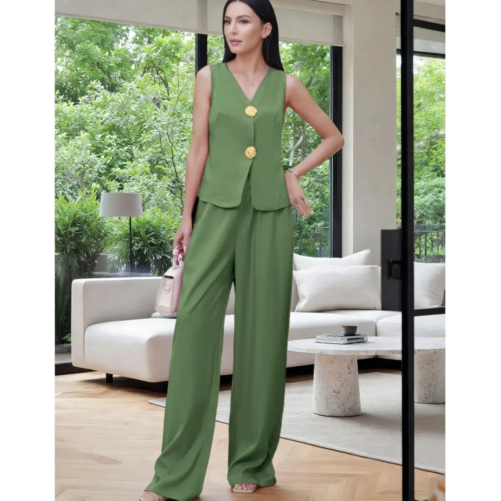 Moda grande botão com decote em v colete calças femininas 2 peça conjunto verão fino elegante feminino escritório calças de pernas largas terno 2025