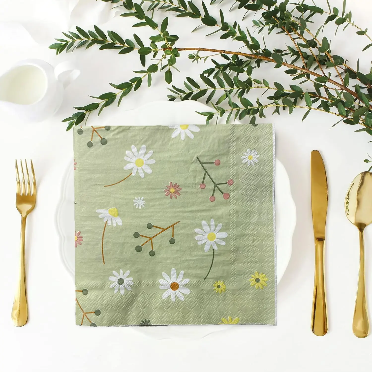 البابونج المطبوعة منديل الأنسجة الخضراء حفلة عيد ميلاد لوازم أدوات المائدة منصات منديل ورقي للاستعمال مرة واحدة نمط زهرة طازجة صغيرة #1